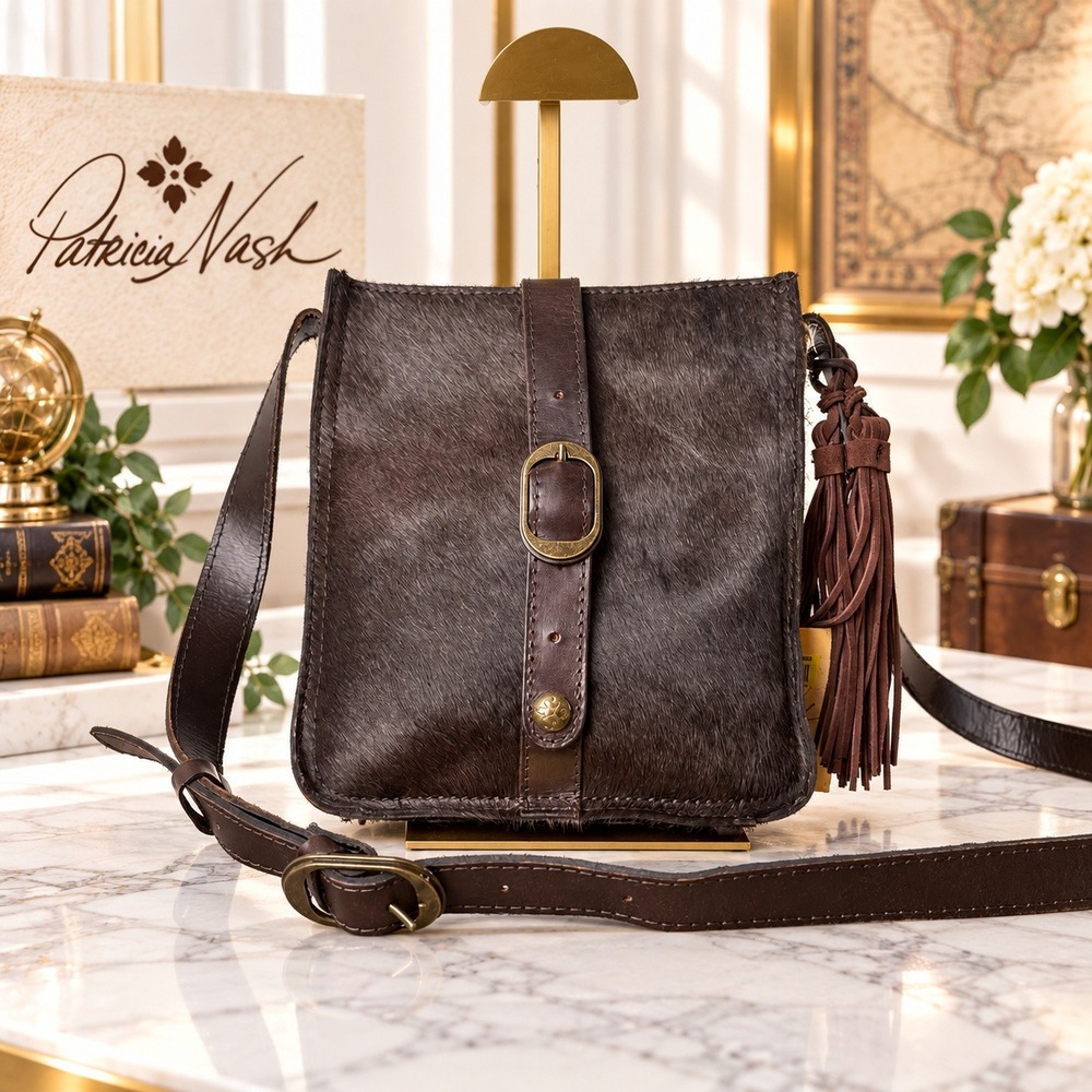 Patricia Nash Cavalino Cowhide Italian Leather Crossbody Bag Brown Tassel NWT